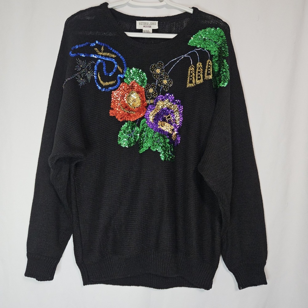 Vintage Sequin Floral Sweater 80s Maximalist Glam Retro Artsy Ramie Knit